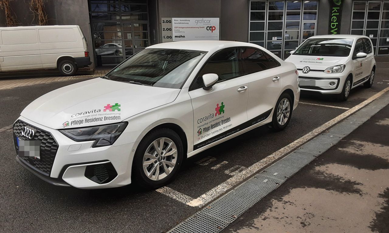 Flottenbeklebung Coravita Werbewirksame Fahrzeugflottenbeklebung für die Coravita Dresden